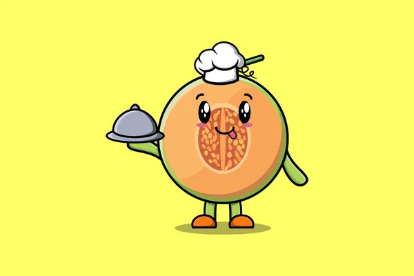 Mignon Personnage Mascotte Chef Bande Dessinée Melon Servir Nourriture Sur — Image vectorielle