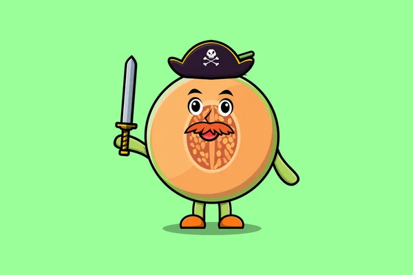 stock vector Cute cartoon mascot character Melon pirate with hat and holding sword in modern design