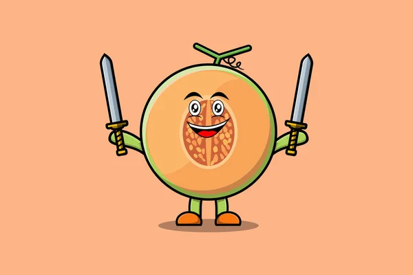 stock vector Cute cartoon Melon character holding two sword in 3d modern design illustration