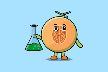 Tatlı maskot karakteri Melon kimyasal reaksiyon camlı bilim adamı rolünde.
