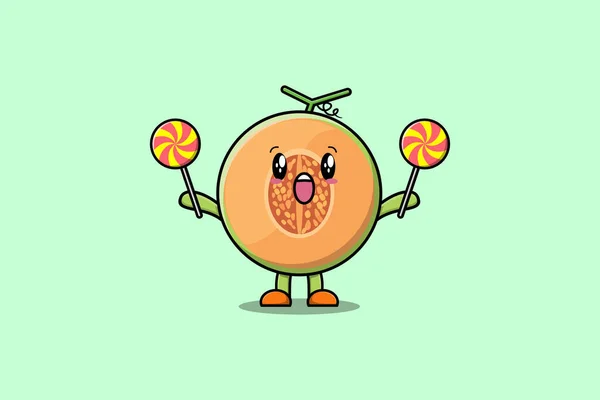 Cute Cartoon Melon Character Holding Lollipop Candy Flat Cartoon Illustration — Stock Vector