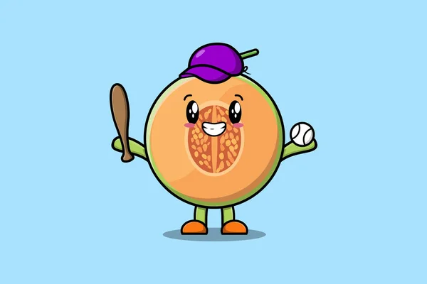 Stock vector Cute cartoon Melon character playing baseball in modern style design