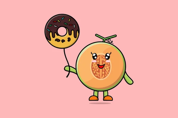 Bonito Desenho Animado Melão Flutuando Com Donuts Balão Desenho Animado — Vetor de Stock