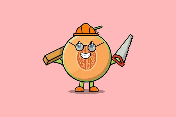 Χαριτωμένο Καρτούν Melon Ξυλουργός Χαρακτήρα Πριόνι Και Ξύλο Επίπεδη Μοντέρνο — Διανυσματικό Αρχείο