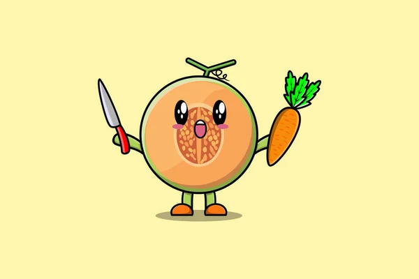 Χαριτωμένο Καρτούν Melon Χαρακτήρα Κρατώντας Μαχαίρι Και Καρότο Στο Μοντέρνο — Διανυσματικό Αρχείο