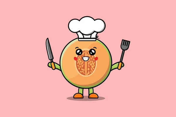 Bonito Desenho Animado Melon Chef Personagem Segurando Faca Garfo Ilustração —  Vetores de Stock