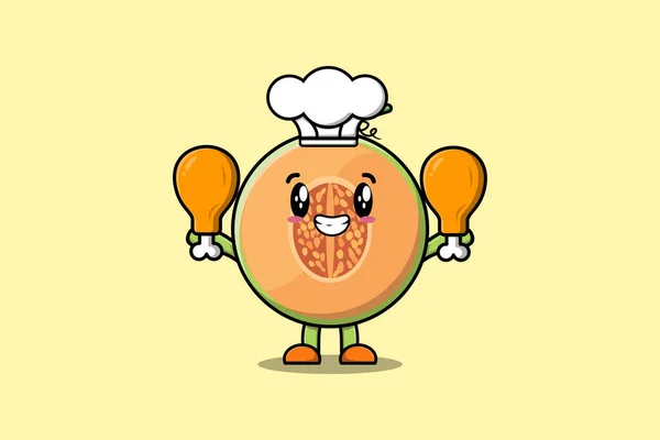 Cute Cartoon Melon Chef Character Holding Two Chicken Thighs Flat — Stock Vector