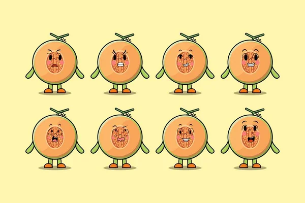 Set Kawaii Melone Personaggio Dei Cartoni Animati Con Diverse Espressioni — Vettoriale Stock