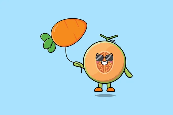Cute Cartoon Melon Floating Carrot Balloon Flat Cartoon Vector Icon — Stock Vector