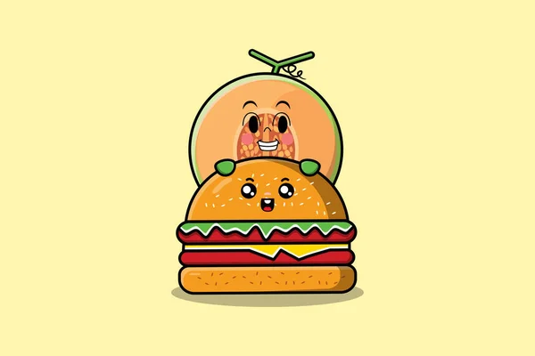 Leuke Meloen Stripfiguur Verstopt Burger Illustratie Plat Modern Design — Stockvector