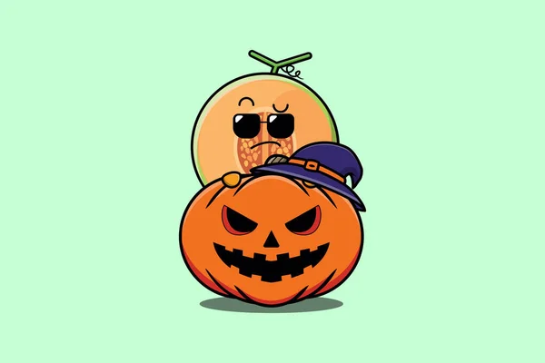 Söt Melon Tecknad Karaktär Gömmer Sig Pumpa Halloween Illustration Platt — Stock vektor