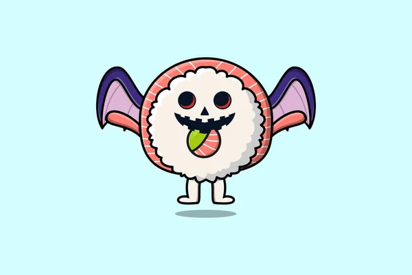 Cute Mascot Cartoon Rice Sushi Rolls Sashimi Character Scary Bats — Stock Vector
