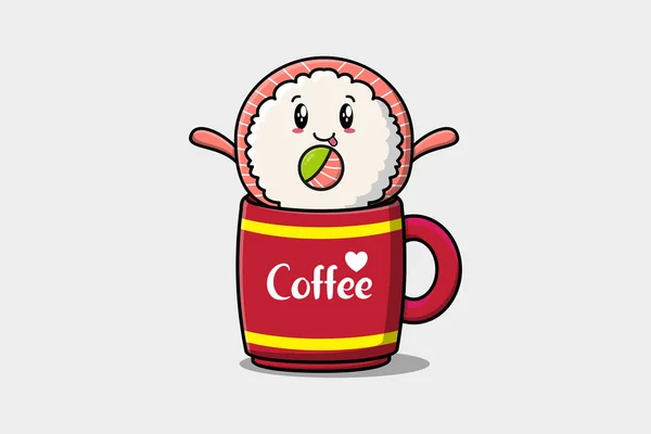 Arroz Sushi Rollos Sashimi Lindo Personaje Ilustración Una Taza Café — Vector de stock