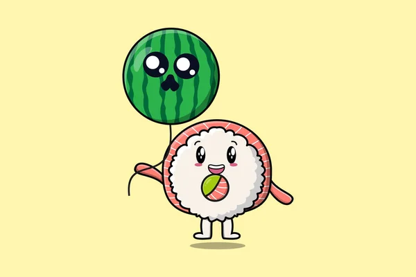 Niedliche Cartoon Reis Sushi Rollen Sashimi Schwimmend Mit Wassermelone Flachen — Stockvektor