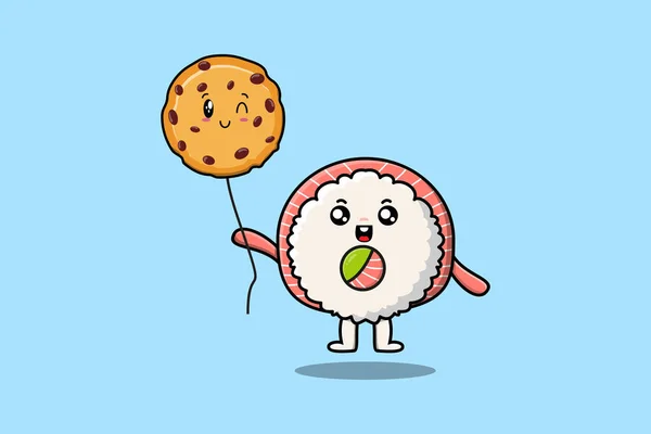 Niedliche Cartoon Reis Sushi Rollen Sashimi Schwimmend Mit Keksen Ballon — Stockvektor