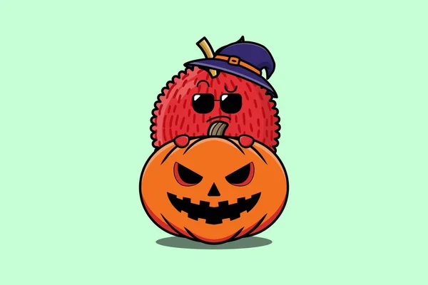 Cute Lychee Cartoon Character Hiding Pumpkin Halloween Illustration Flat Modern — Stock Vector