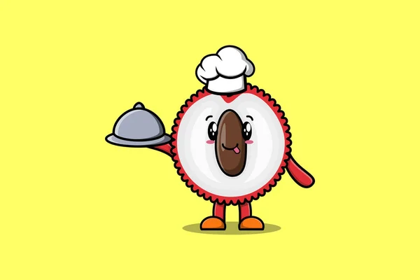 Mignon Chef Bande Dessinée Lychee Personnage Mascotte Servant Nourriture Sur — Image vectorielle