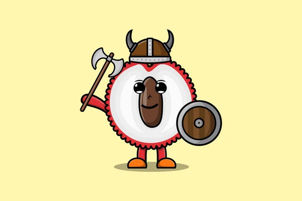 Cute Cartoon Character Lychee Viking Pirate Hat Holding Shield — Stock Vector