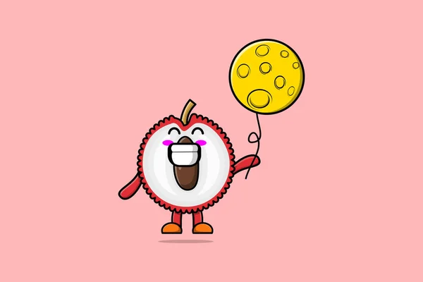 Cute Cartoon Lychee Pływające Księżyca Balon Wektor Ilustracji — Wektor stockowy