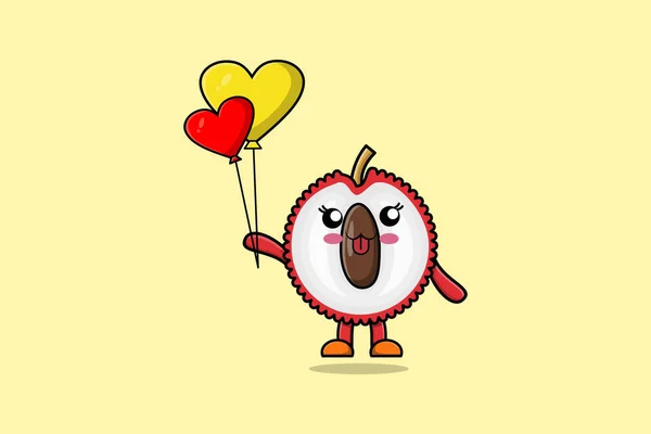 Desenhos Animados Bonitos Lychee Flutuando Com Amor Balão Cartoon Vetor —  Vetores de Stock