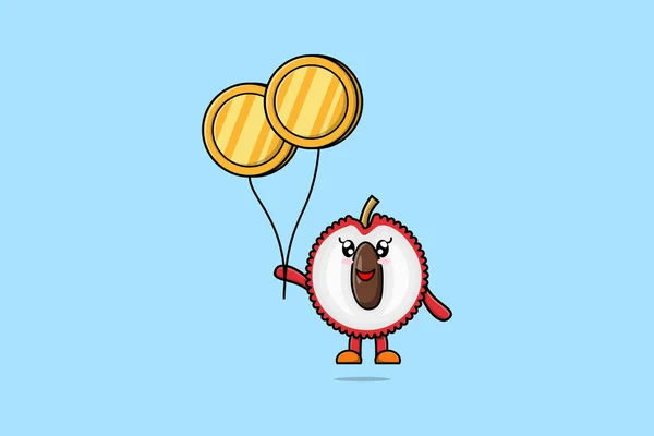 Cute Cartoon Lychee Businessman Floating Gold Coin Balloon Cartoon Vector — Stock Vector