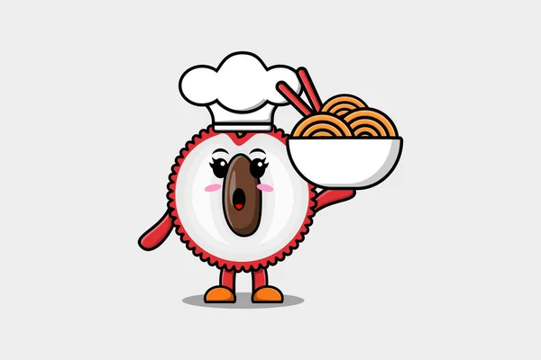 Cute Cartoon Lychee Chef Character Holding Noodles Bowl Flat Cartoon — Stock Vector