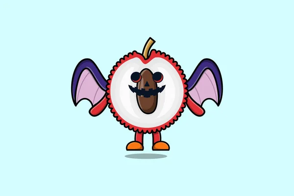 Mascote Bonito Desenho Animado Lychee Personagem Morcegos Assustadores Abóbora Halloween — Vetor de Stock