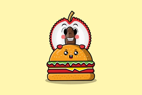 Cute Lychee Cartoon Character Hiding Burger Illustration Flat Modern Design — Stock Vector