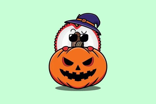 Söpö Litsi Sarjakuvahahmo Piilossa Kurpitsa Halloween Kuvitus Tasainen Moderni Muotoilu — vektorikuva