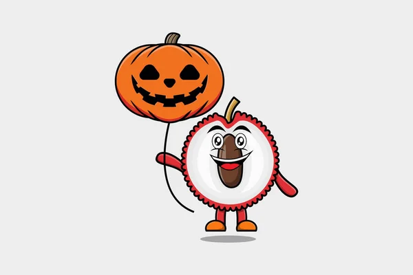 Mignon Dessin Animé Lychee Flottant Avec Ballon Halloween Citrouille Dessin — Image vectorielle
