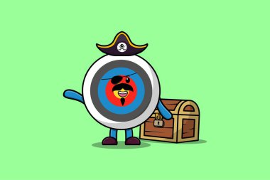 Sevimli çizgi film karakteri Okçuluk modern tarz tasarımı ile hazine kutusu illüstrasyonlu bir korsanı hedef alıyor.