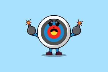 Sevimli çizgi film okçuluğu hedefi, düz modern stil tasarımlı, korkmuş ifadeli bir bomba taşıyor.
