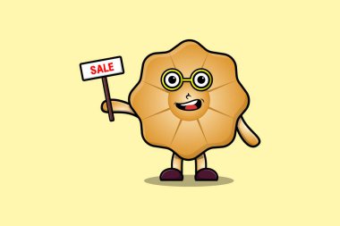 Tatlı çizgi film Kurabiye karakteri konsept düz çizgi film tarzında satılık tabela tutuyor.