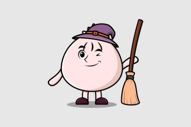 Tatlı çizgi film cadısı şapkası ve süpürgesi olan Dim sum karakterini hoş bir şekilde resmetmiş.