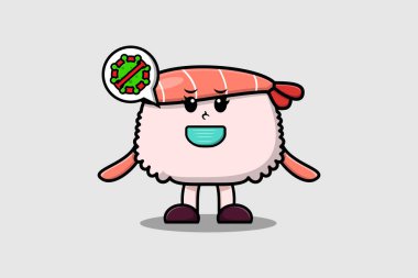 Şirin bir çizgi film çizimi. Suşi karidesi, sevimli modern tarz tasarımda virüsü önlemek için maske kullanıyor.