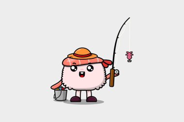 Şirin çizgi film Suşi karidesi balıkçı karakteri çizimlerine hazır balıkçı ekipmanları giyiyorlar.