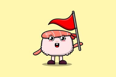 Sevimli çizgi film Suşi karides karakteri elinde 3D modern tasarım illüstrasyonunda üçgen bayrak tutuyor.