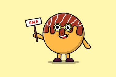 Cute cartoon Takoyaki character holding sale sign designs in concept flat cartoon style
