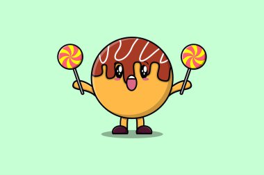 Cute cartoon Takoyaki character holding lollipop candy in flat cartoon illustration