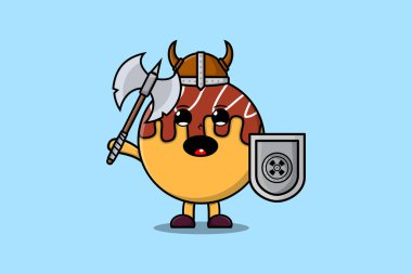 Cute cartoon character Takoyaki viking pirate with hat and holding ax and shield