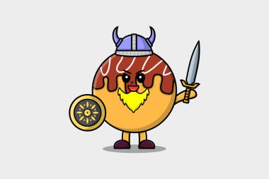 Cute cartoon character Takoyaki viking pirate with hat and holding sword and shield illustration