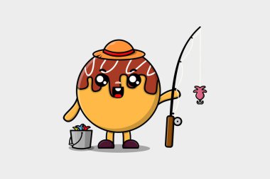 Cute cartoon Takoyaki ready fishing character illustration wearing fishing equipment
