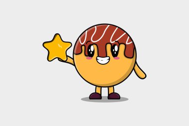 Cute cartoon Takoyaki character holding big golden star in cute modern style design illustration
