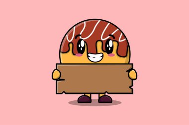 Cute cartoon Takoyaki character holding blank wooden text board vector icon illustration