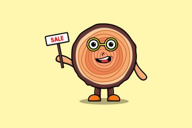 Cute cartoon Wood trunk character holding sale sign designs in concept flat cartoon style
