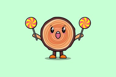 Cute cartoon Wood trunk character holding lollipop candy in flat cartoon illustration