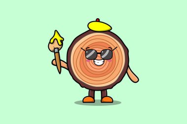 Cute cartoon character Wood trunk painter portraitist with hat and a brush to draw