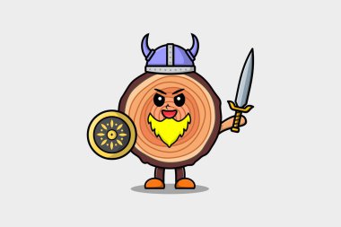 Cute cartoon character Wood trunk viking pirate with hat and holding sword and shield illustration