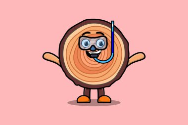 Cute cartoon Wood trunk diver with swimming glass in flat modern style design