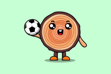 Cute cartoon Wood trunk character playing football in flat cartoon style illustration